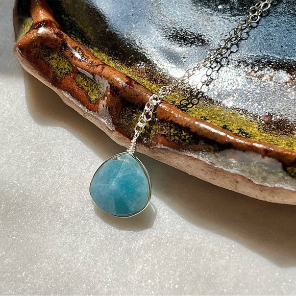 Hushwink Jewelry - Sterling Silver Wire Wrapped Blue Trolleite Teardrop Necklace